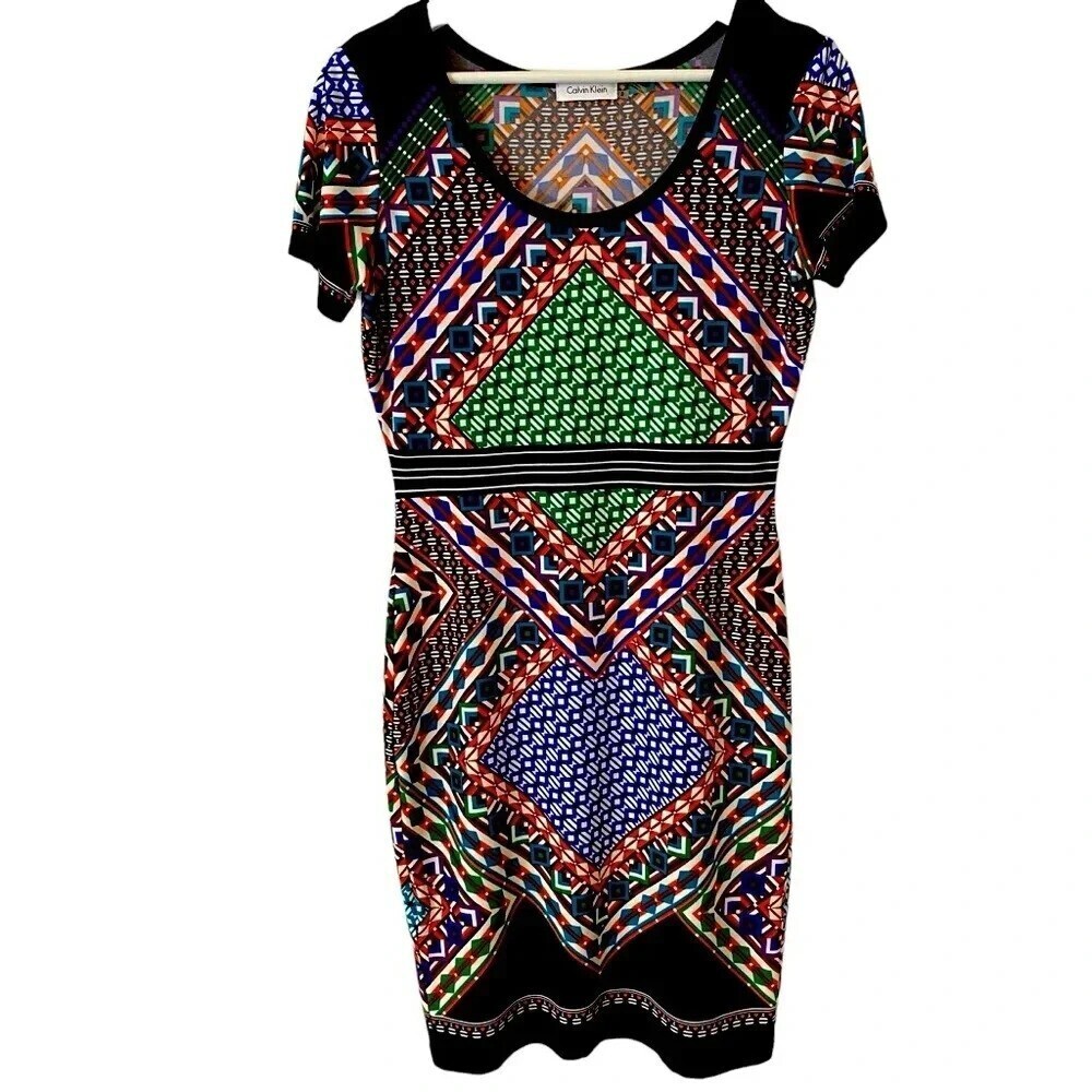 Calvin Klein Shift Dress Colorful Office Attire Geometric Print Short Sleeve